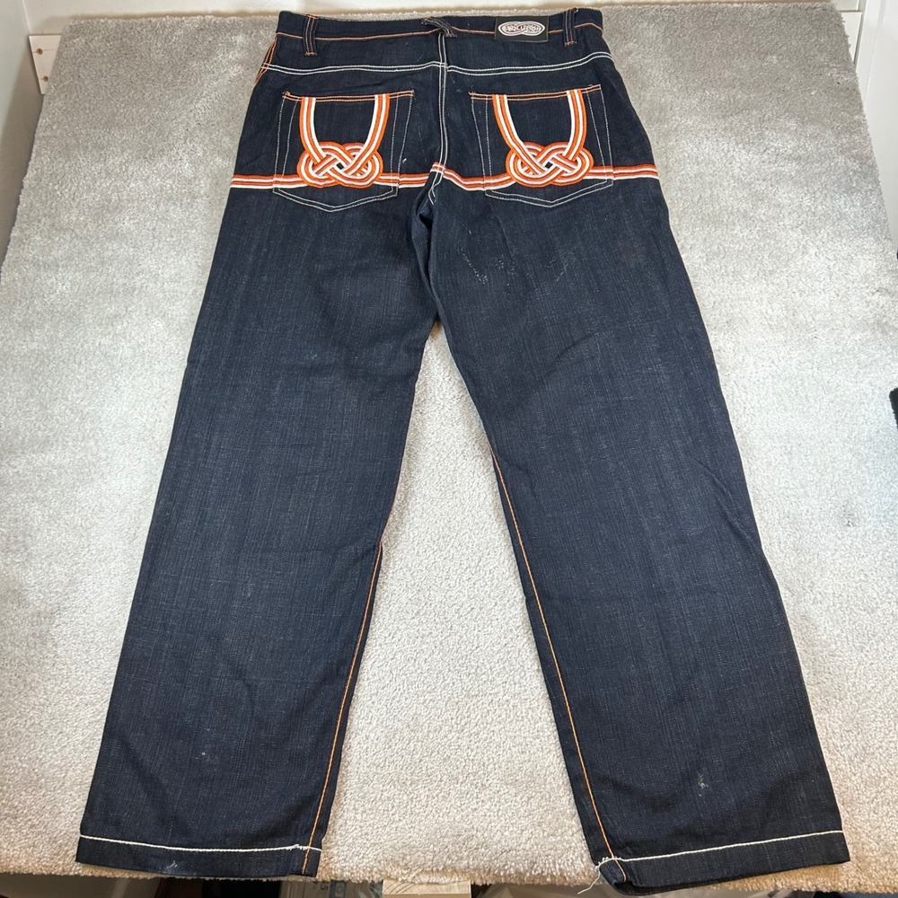 Evolution In Design Jeans Mens 38x34 Dark Wash Baggy Y2K Orange Contrast Stitch